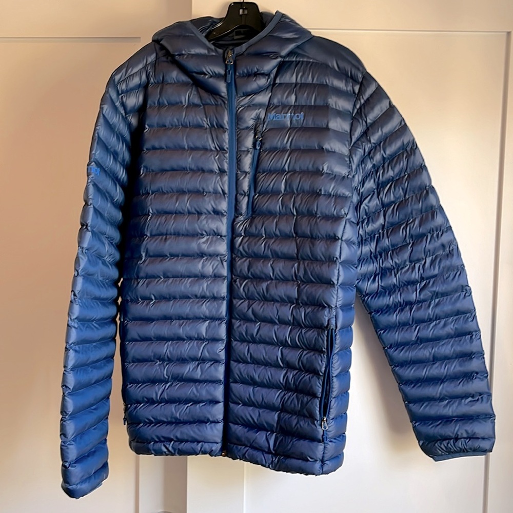 Marmot blue puffer with hood.